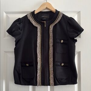BCBGMaxAzria Black and Gold Cropped Blazer with Collarless Design